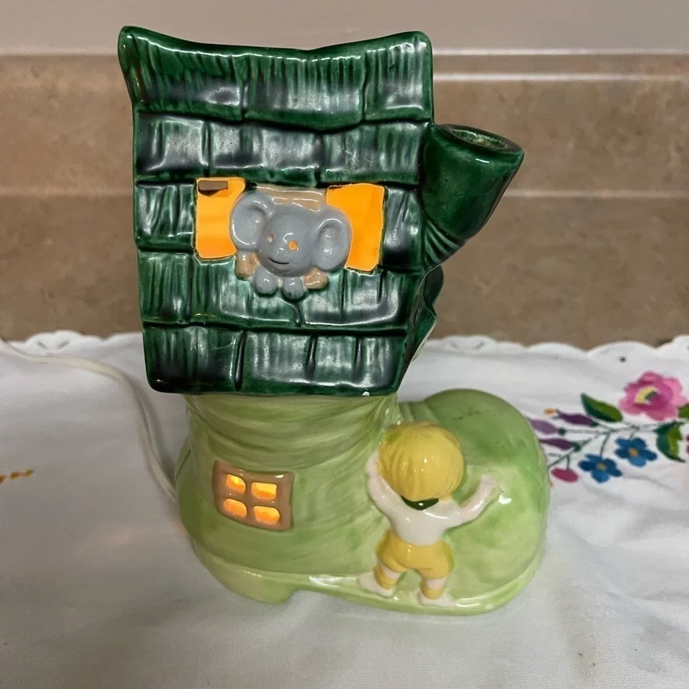 Vintage Boot Nursery Lamp Green Ceramic Works Old Woman Who Lives In A Shoe.